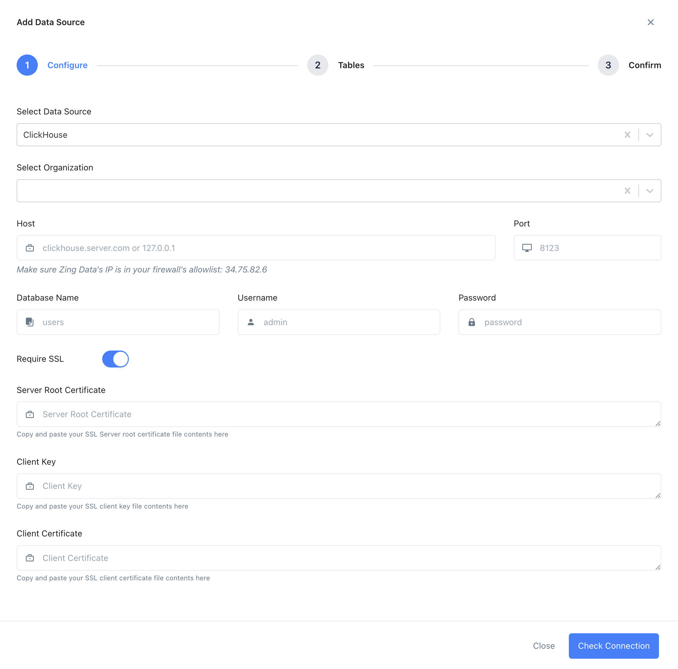 Форма конфигурации подключения ClickHouse в Zing Data с полями для сервера, порта, базы данных, имени пользователя и пароля